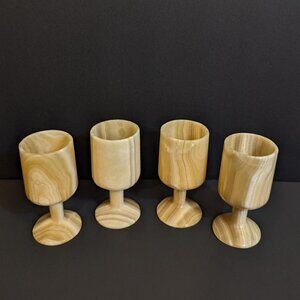 Set of Four Vintage Carved, Banded Onyx Footed Shot Glasses, Cordial Glasses
